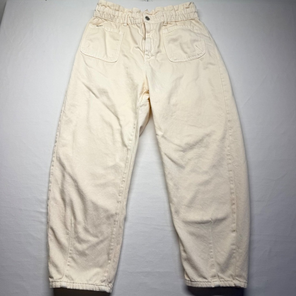 Zara Barrel Jeans Paperbag Waist 10 Cream Women Relaxed Tapered Balloon Leg Ecru
